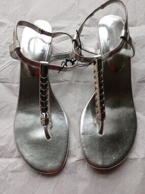 BCBGeneration Silver T-Strap Wedge Sandals